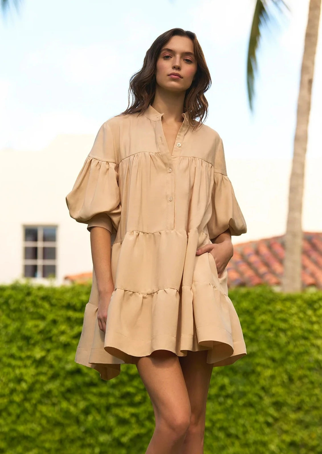 The Pink Door Puff Sleeve Dress - Beige