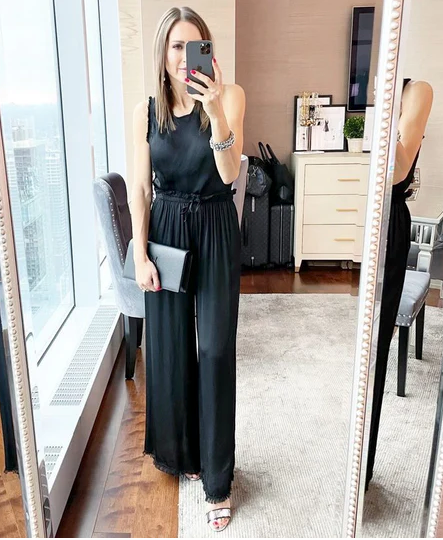 The Pink Door Silk Fray Pants- Black