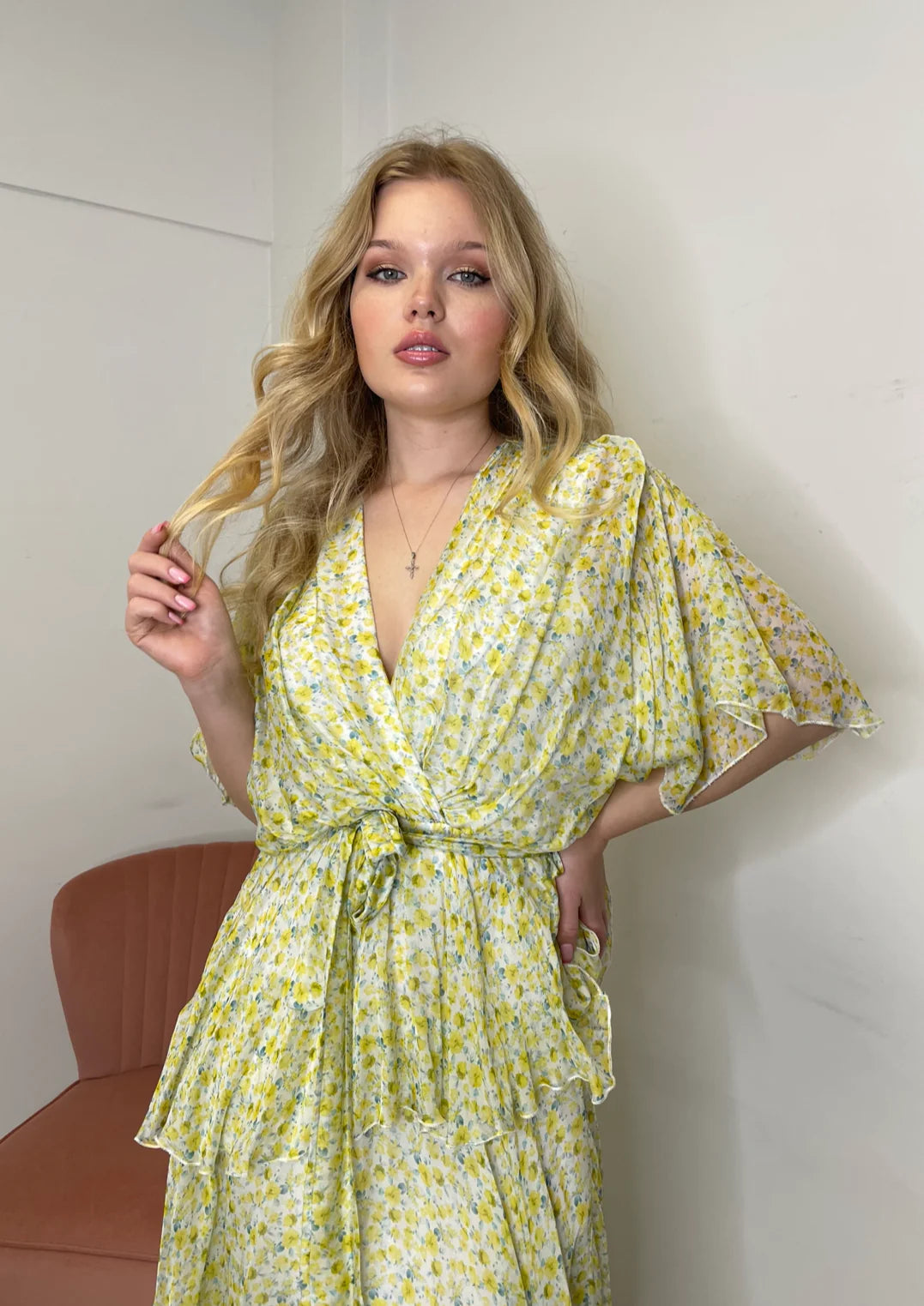 The Pink Door Long Silky Ruffle Crossover Floral Dress - Yellow