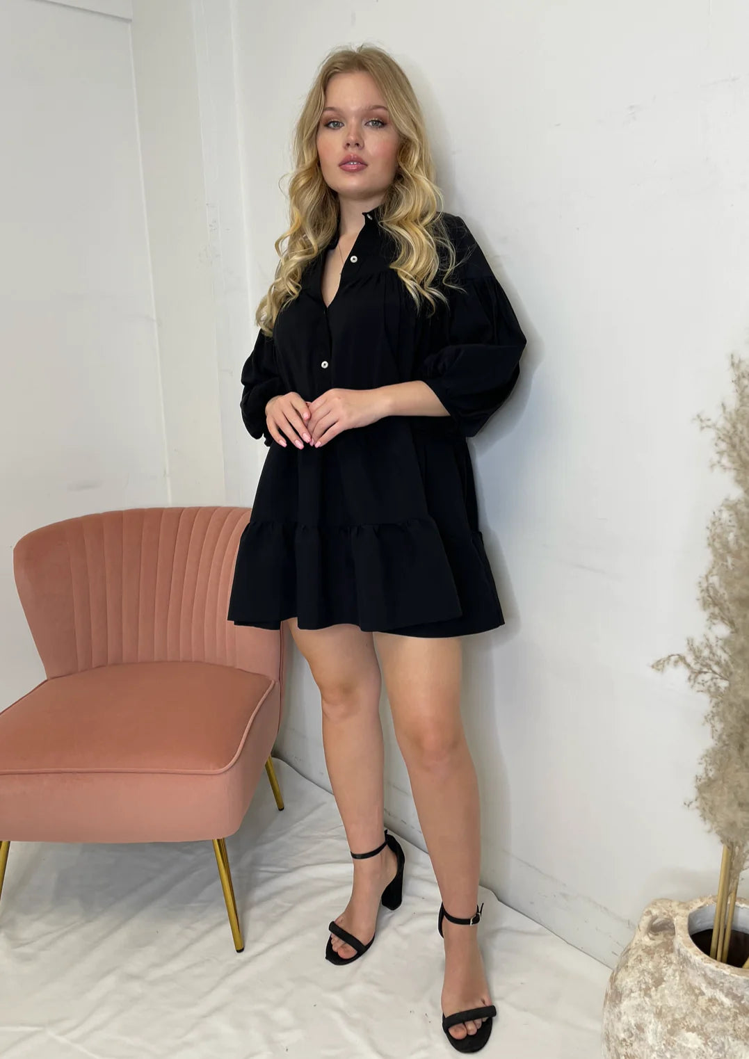 The Pink Door Puff Sleeve Dress - Black