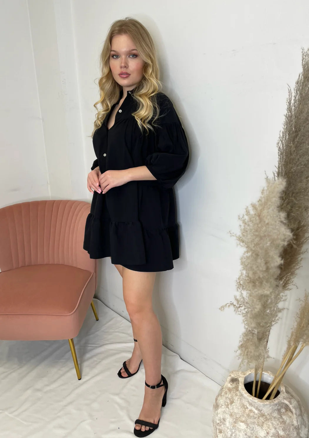 The Pink Door Puff Sleeve Dress - Black