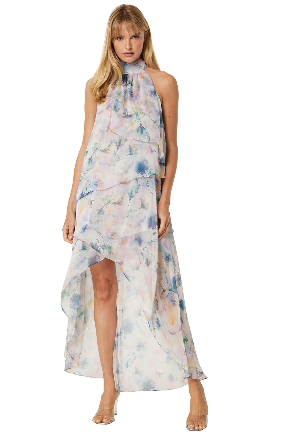 The Pink Door High Neck Tiered Dress - Abstract Watercolours
