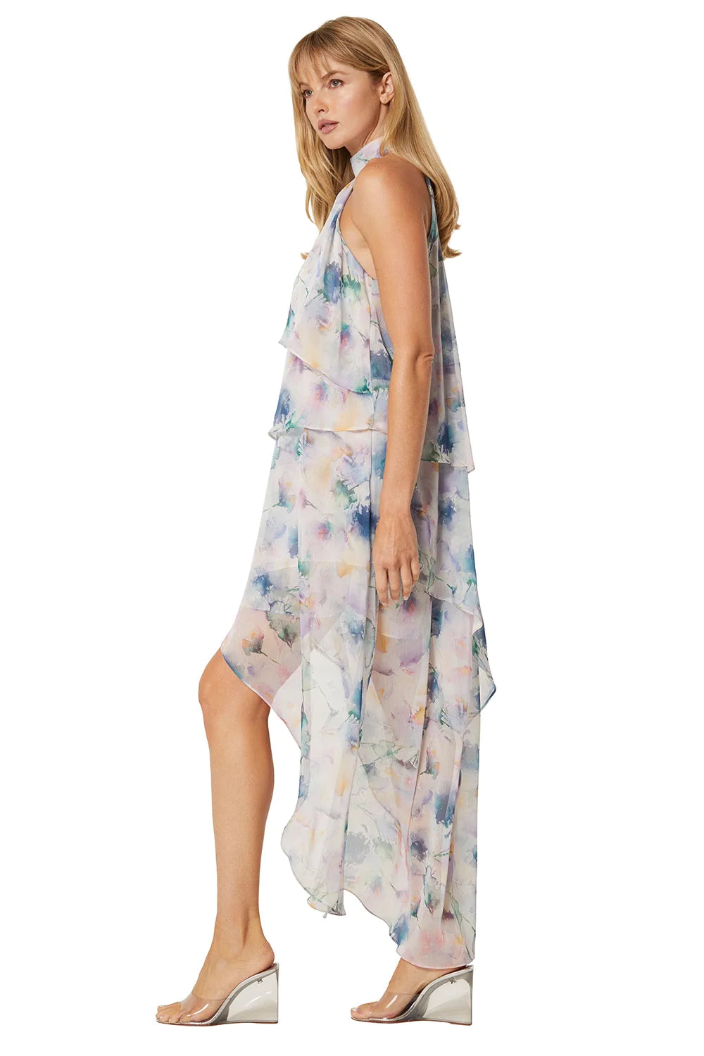 The Pink Door High Neck Tiered Dress - Abstract Watercolours