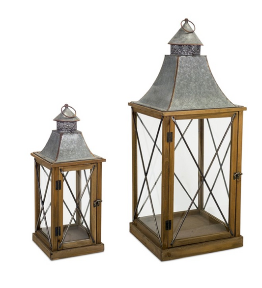 2-Piece Wood and Metal Lantern Set