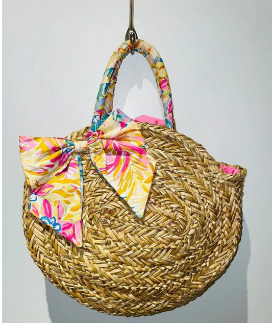 Straw Beach Bag- Pink Bow