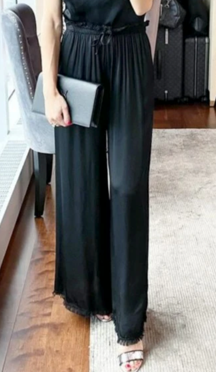 The Pink Door Silk Fray Pants- Black